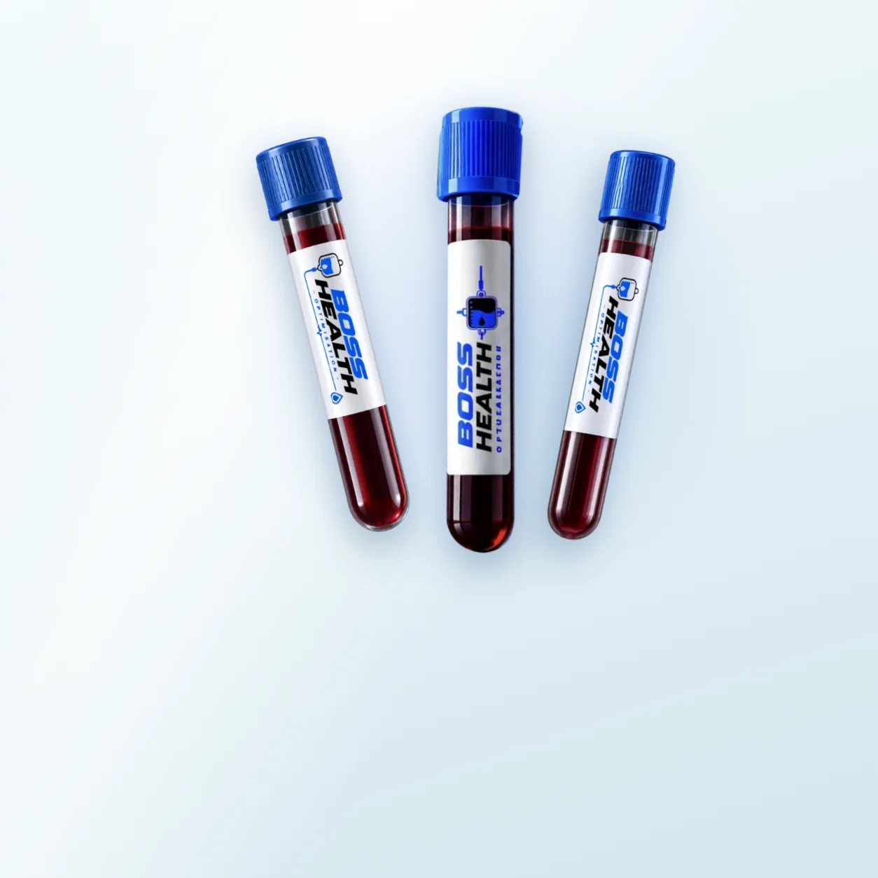 Three Boss Health blood sample tubes with blue caps