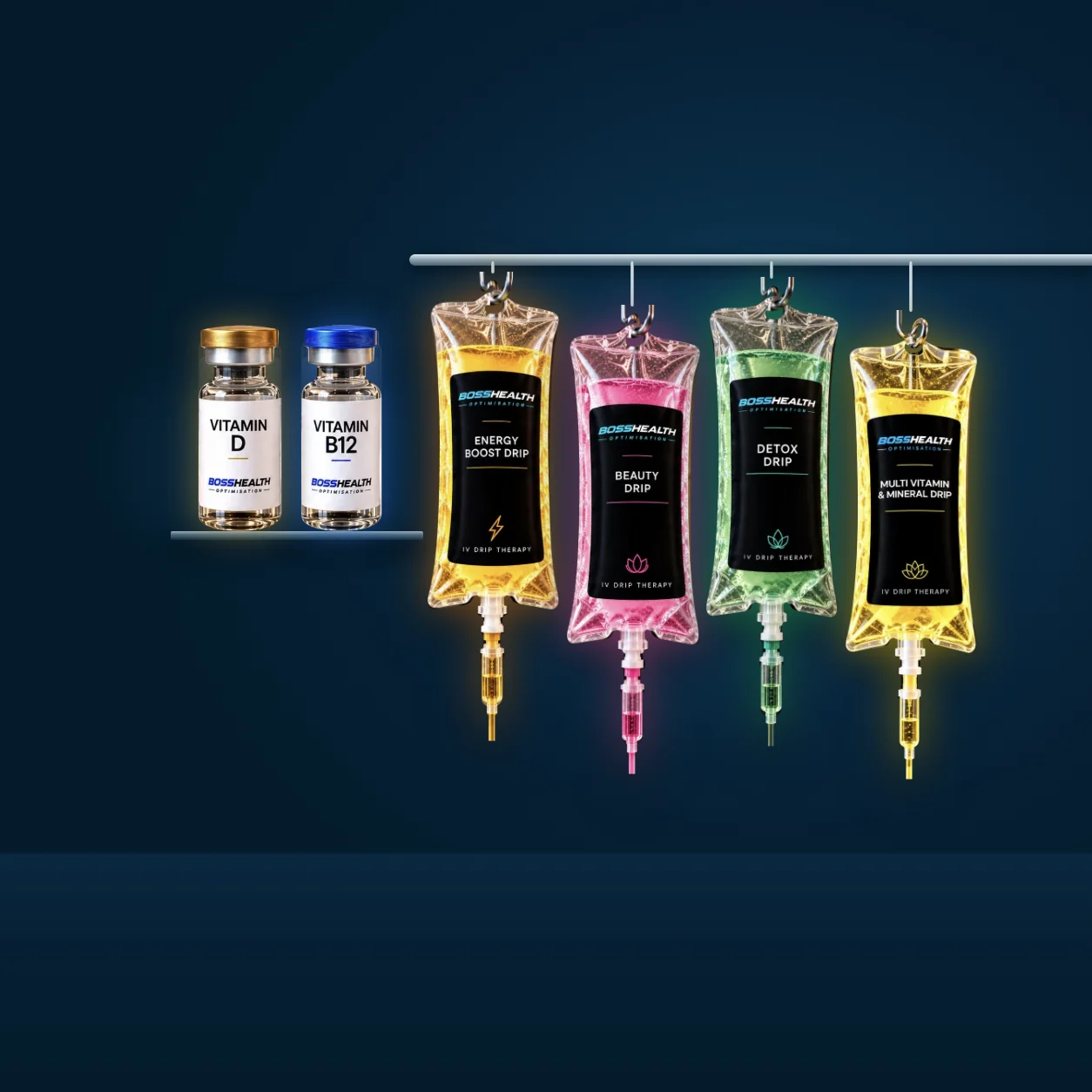 The four Boss Health drip bags hanging in a row, with the Vitamin D and Vitamin B12 vials below
